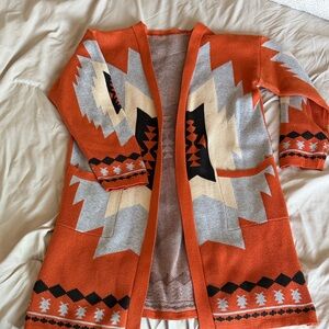 Open-Front Aztec Pattern Cardigan Sweater - Orange, Grey & Cream